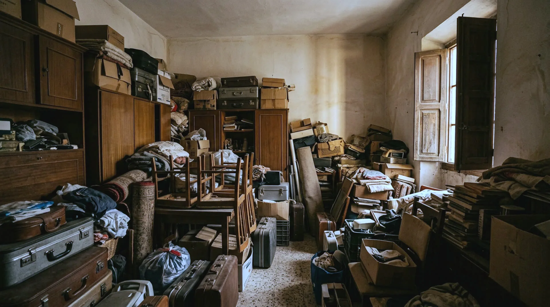 Habitación llena hasta el techo de muebles, cajas y enseres