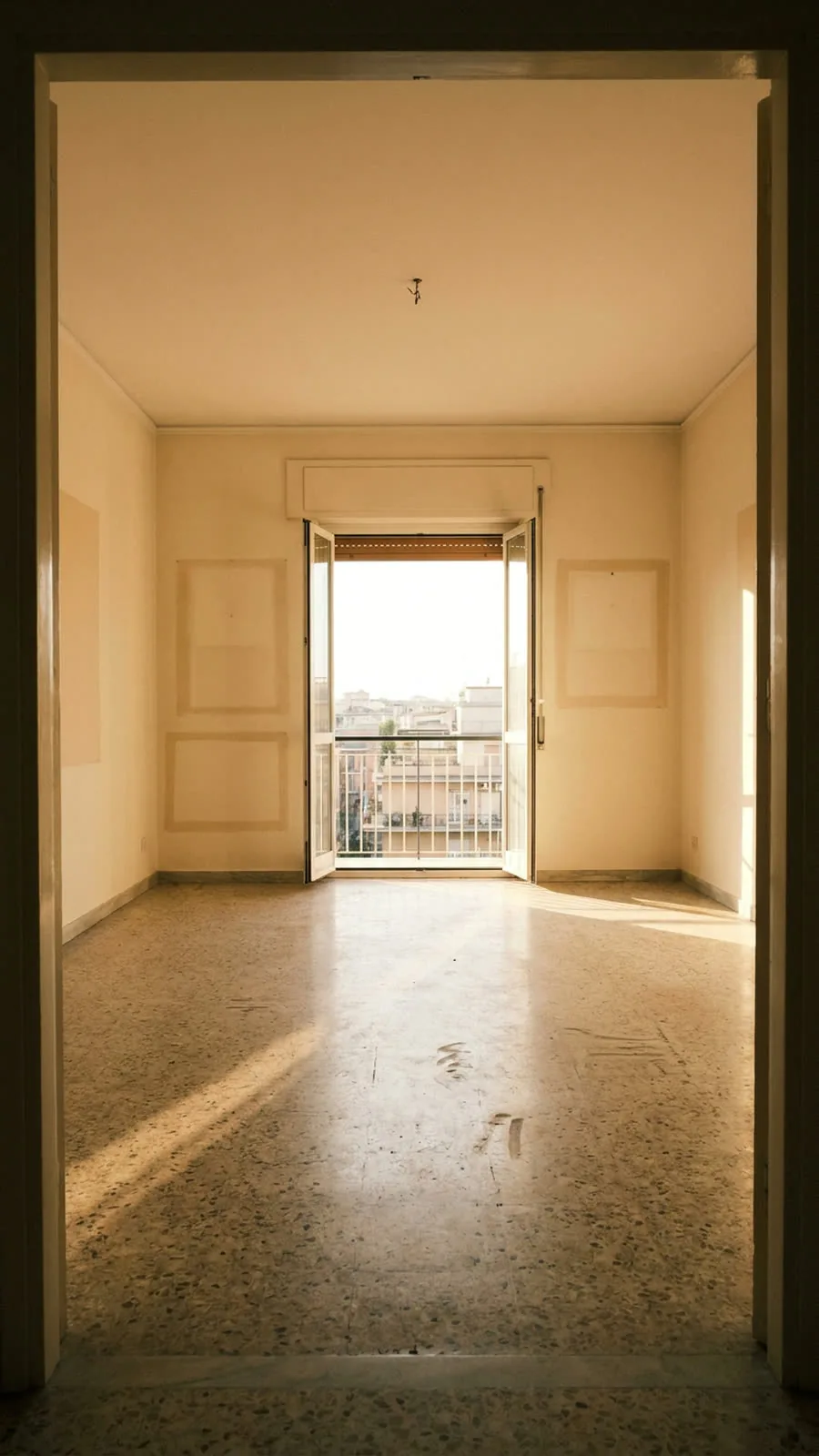 Salón de un piso completamente vacío y barrido, con la luz de la tarde entrando por el balcón