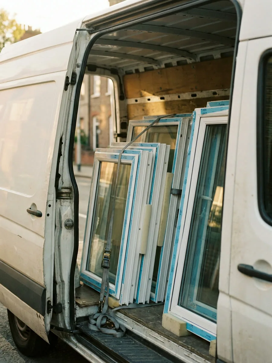 Ventanas de PVC nuevas, sujetas con cinchas para el traslado