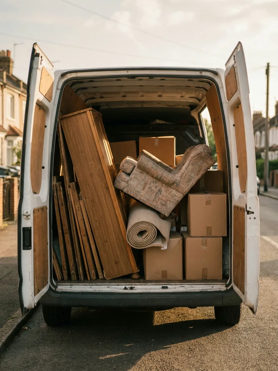 Furgoneta abierta y cargada con la madera, la alfombra, el sillón y las cajas de un vaciado completo